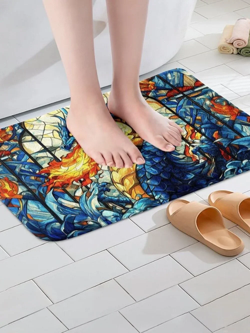 Western Dragon Kids Bath Mats,Flame Dragon Scale Gothic Trippy Mats Rugs for Boy